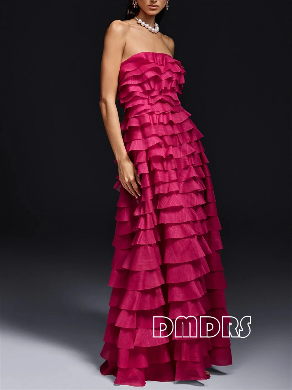 DMDRS - Strapless Ruffle Tiered Maxi Dress for Formal Occasions like Wedding Party, Prom, Evenning Dinner Birthday Emgagement