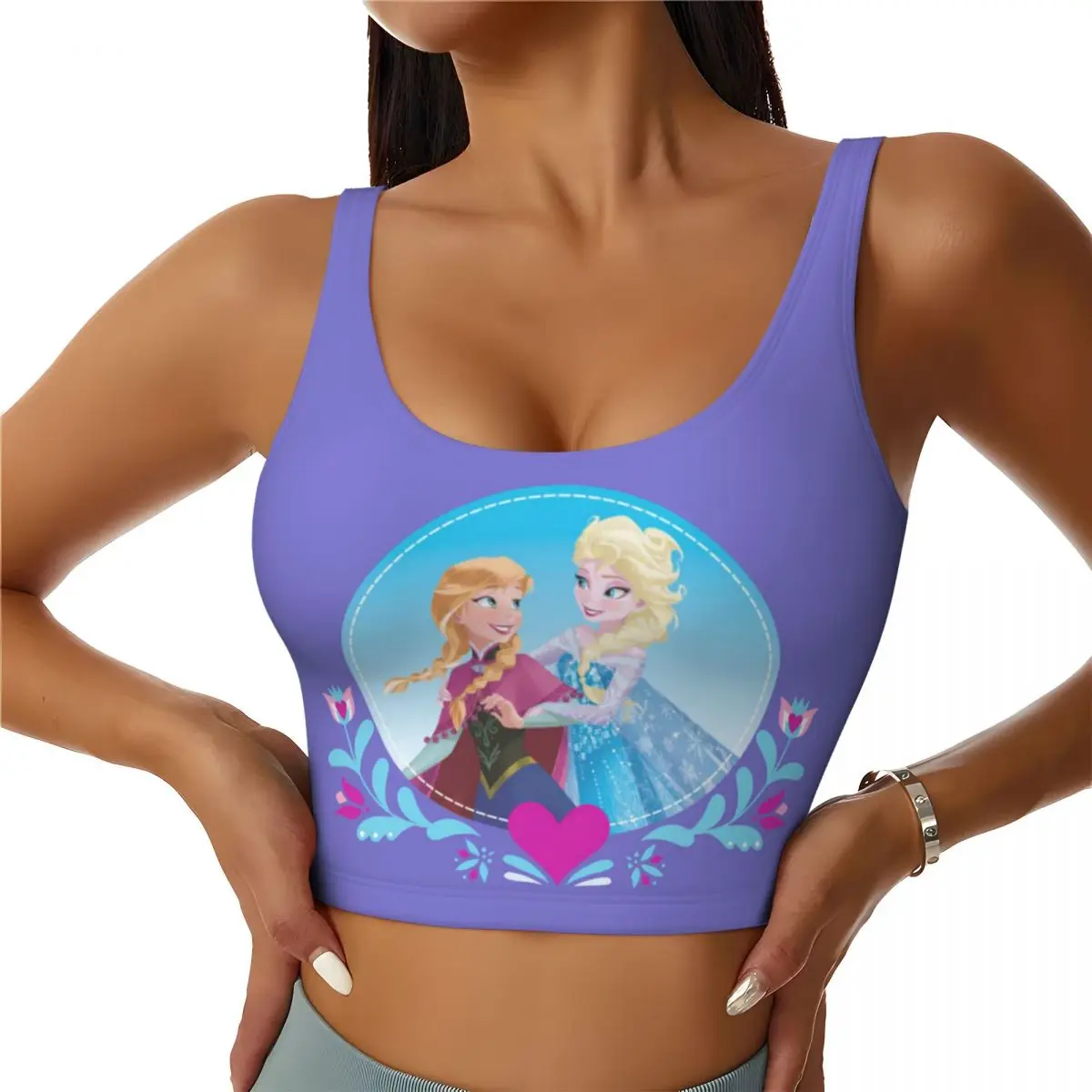 Custom Women's Frozen Anna And Elsa Embracing Sports Bras High Impact Gym Workout Running Crop Tank Tops