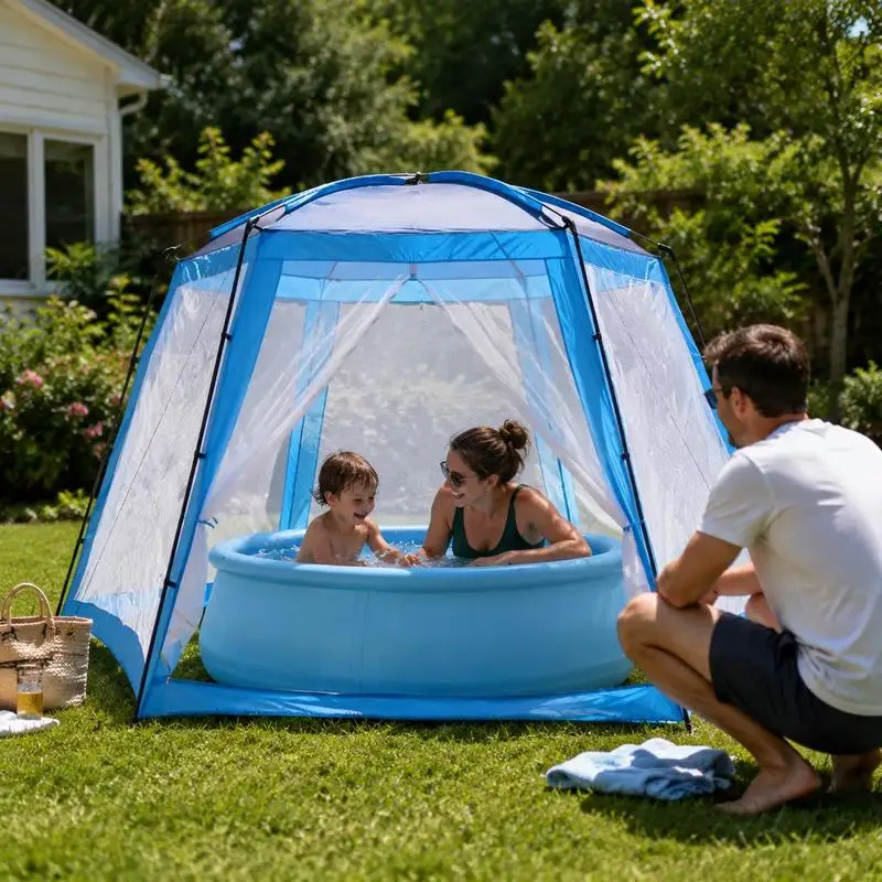 Toldo solar para piscina azul | 500 x 433 x 250 cm, estructura de acero 🏖️