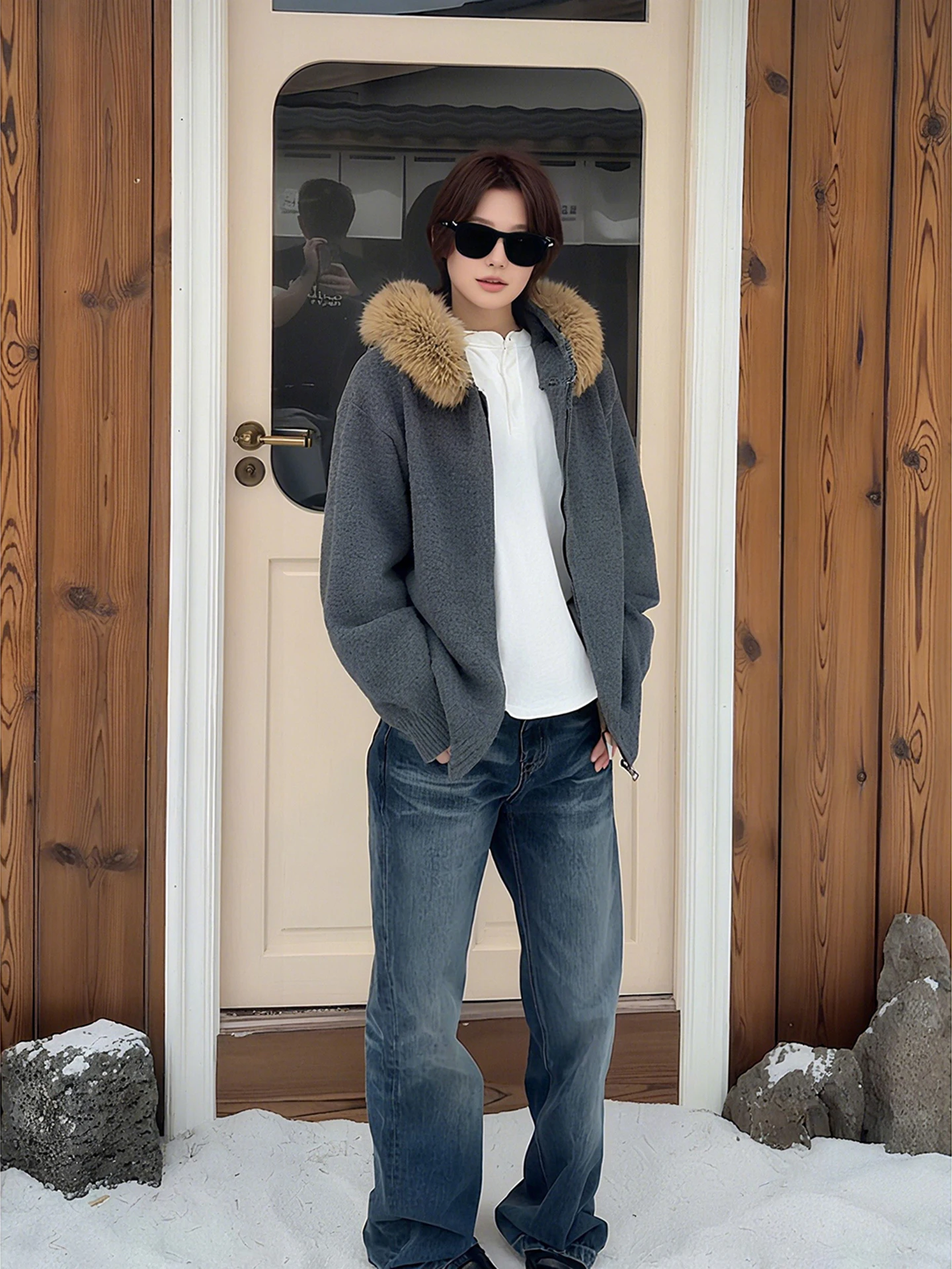 

Корейская свободная вязаная толстовка с капюшоном, мужская американская модная высококачественная зимняя толстовка из полиэстера, нейлона, шерсти, длинная длинная одежда...