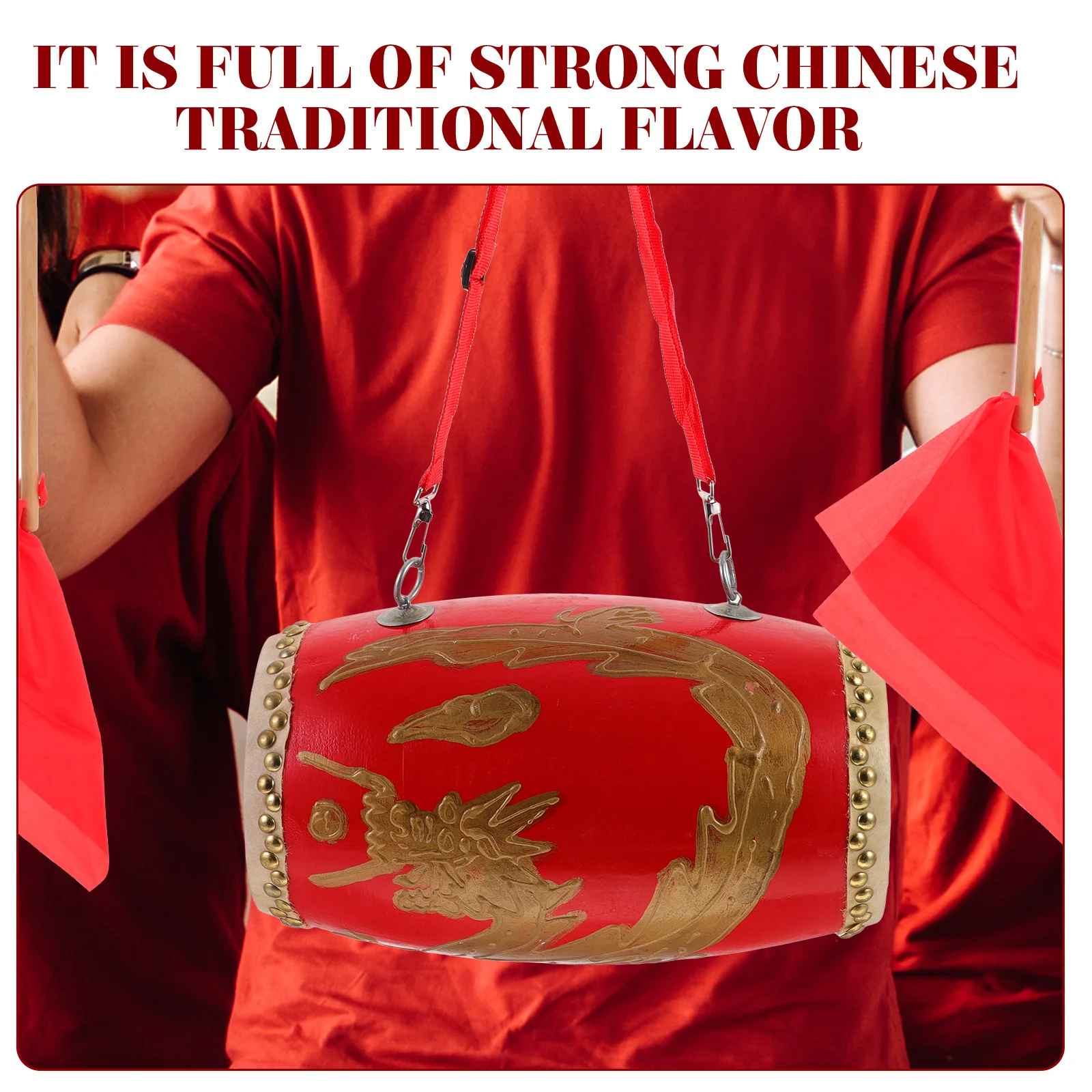 

Dragon Pattern Waist Drum Traditional Chinese Portable Kids Drums Red Gathering Student