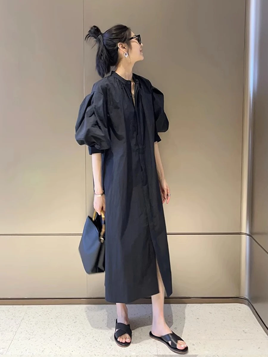 Stunning Black Shirt Dress Unique Beautiful Korean Style Long Sleeve A-Line Silhouette Drawstring Detail Polka Dot Print