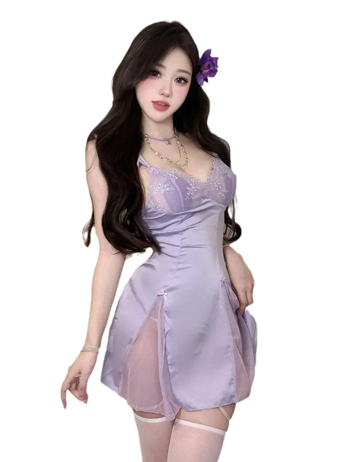 بيجامة مثيرة للنساء رغبة نقية من الدانتيل بحمالات ثوب نوم مثير بيجامات حلوة بلون سادة ملابس منزلية رفيعة فستان أنيق D01U