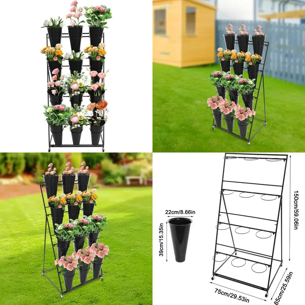 

Commercial Metal Flower Display Cart with 3-Tier Shelves, Rolling Plant Rack for Floral Arrangements and Bouquets