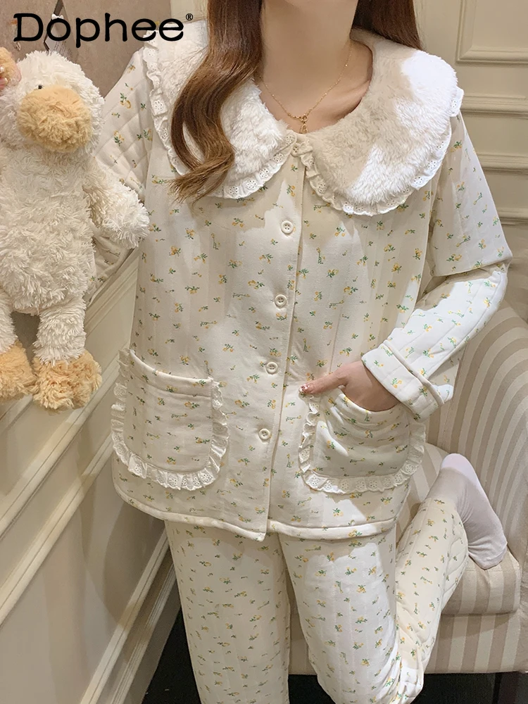 

Autumn Winter Thickened Long Sleeve Pajamas Small Floral Sweet Princess Style Doll Collar Loose Casual Homewear Set for Women