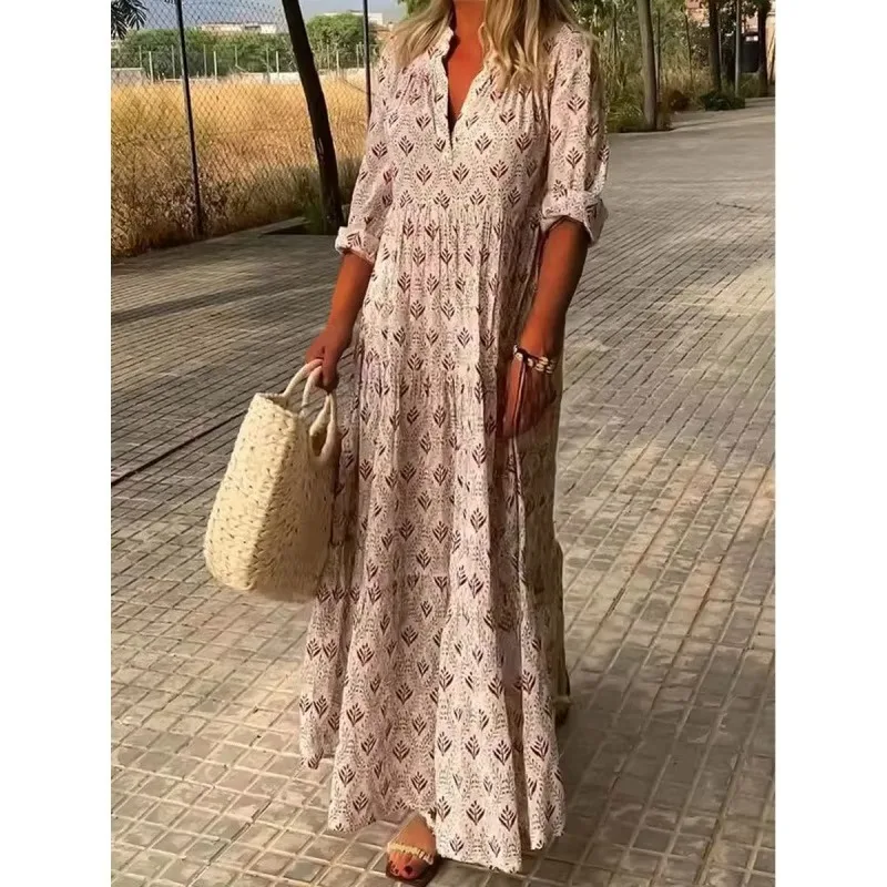 Femmes mode Boho imprimer Robe longue automne à manches longues col en V robes Vintage décontracté ample vacances Robe confortable Robe Femme