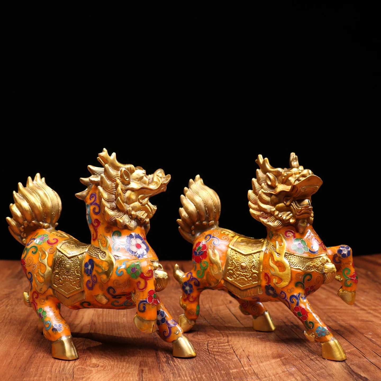 Old Bronze Cloisonne Enamel Gilded Kirin Statue mythical beast a pair Amass wealth Ornaments Town house Exorcism