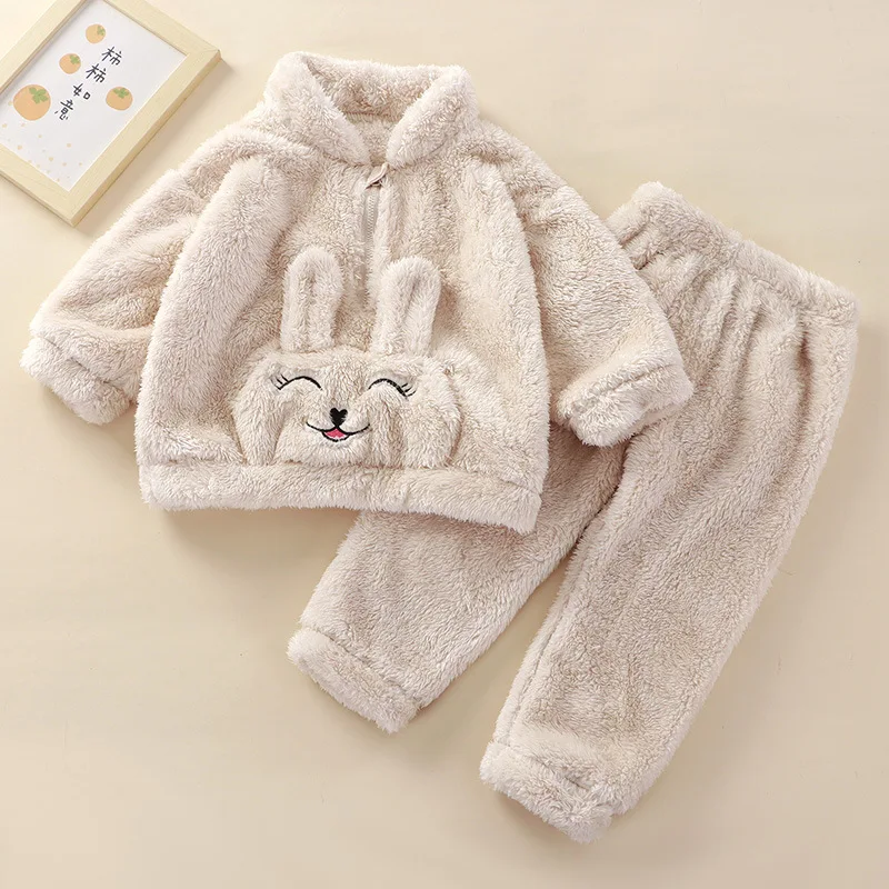Kids Flannel Pajama Set with Cute Bear Bunny Panda Print – Autumn Winter Warm Homewear Sleepwear for Toddlers