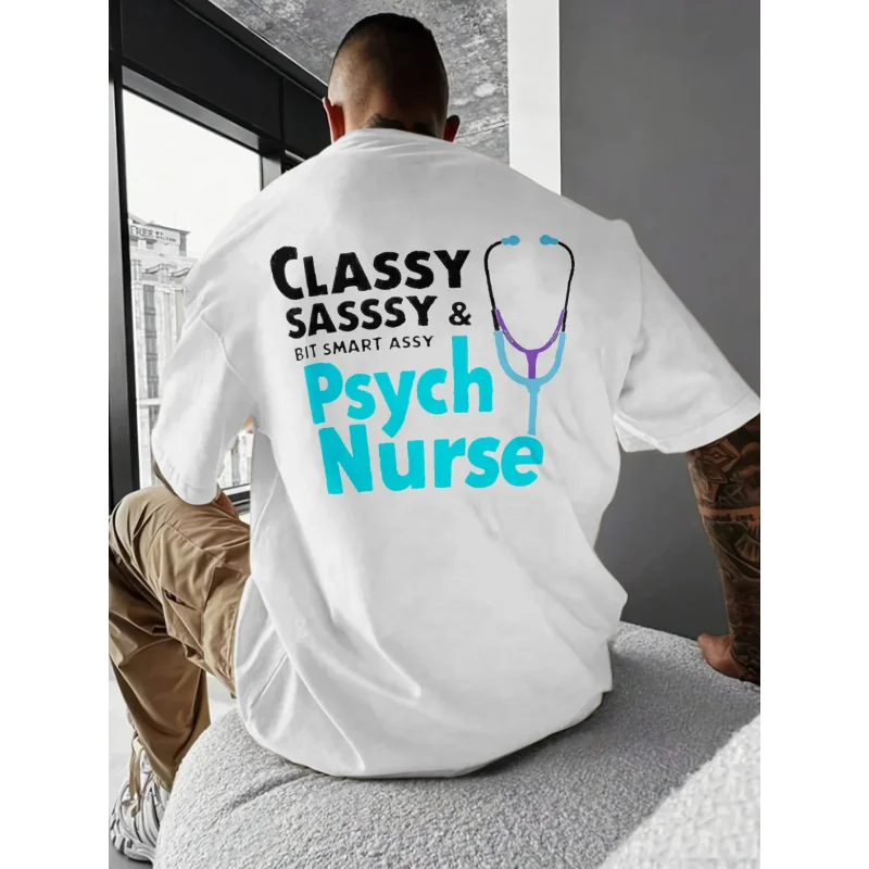 تي شيرت رجالي أبيض أنيق وقح وبيت سمارت آسى ممرضة نفسية مطبوعة نمط قطن 180 جرام جودة عالية