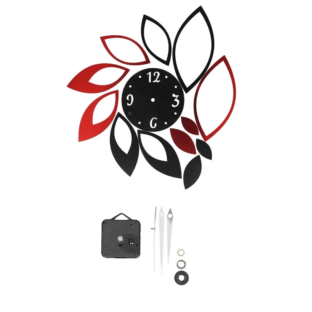 Hollow Floral Design Mirror Wall Clock Removable Sticker Silver Self Adhesive Clock Decal Clock Movement Included Leaf Shape