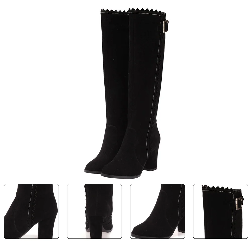 

High Heel Boots Women Suede PU Upper Rubber Sole Side Zipper Black Warm Stylish Fashion Boot High Tube