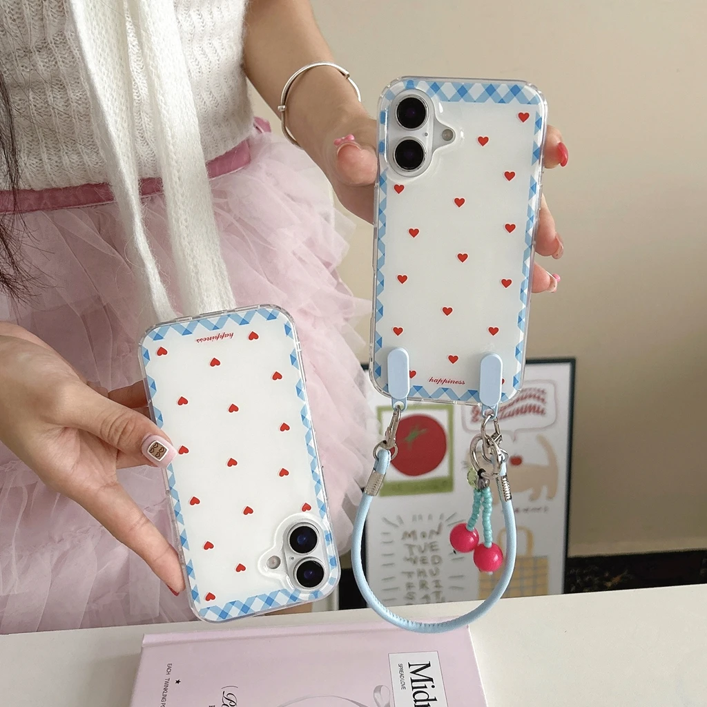 لطيف الطازجة شبكة نمط الأحمر الحب القلب الكرز الحبل صدمة برهان غطاء الهاتف القضية آيفون 17 16 15 14 13 برو ماكس #2