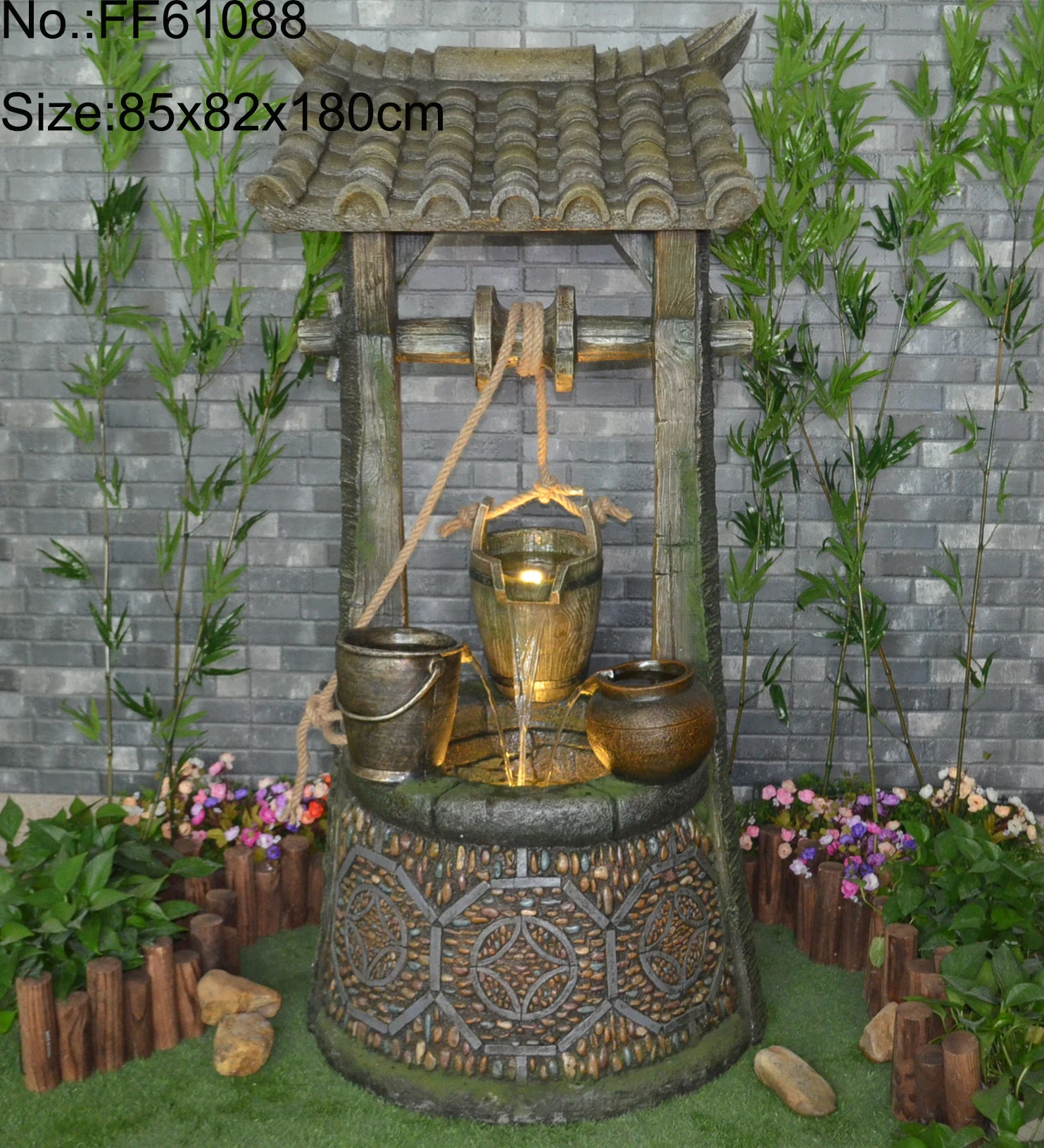 Customized mini resin vintage well kettle waterfall garden home decor outdoor Wheel Retro Simulation Rockery Water Well