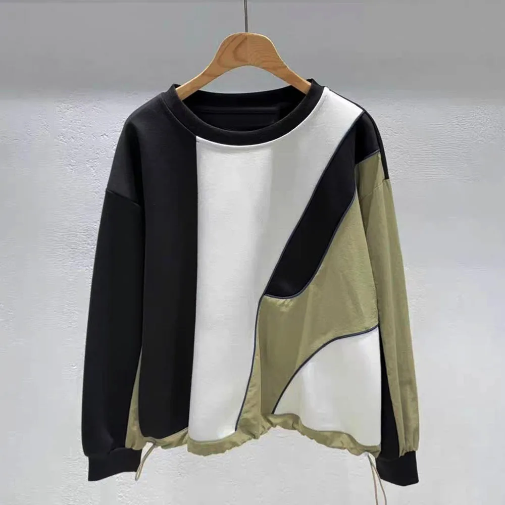 

Женская толстовка с длинным рукавом и круглым вырезом, пуловер с цветными блоками, толстовка с завязками, новинка осени и зимы