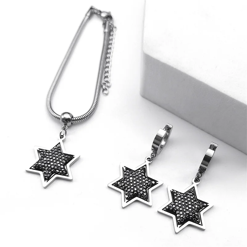 Israel Magen Star of David Jewelry Set Women Men Stainless Steel Jewish Hexagram Amulet Snake Chain Necklace Earrings Bracelet