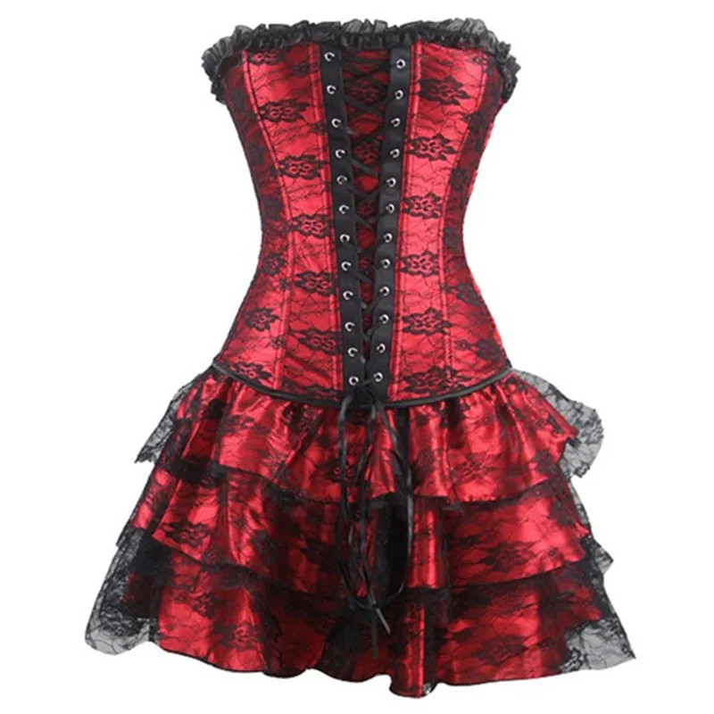 Women's Sexy Lace Up Overbust Corset Bustiers Dress Gothic Body Shaper Mini Skirt Showgirl Dance Plus Size S-2XL