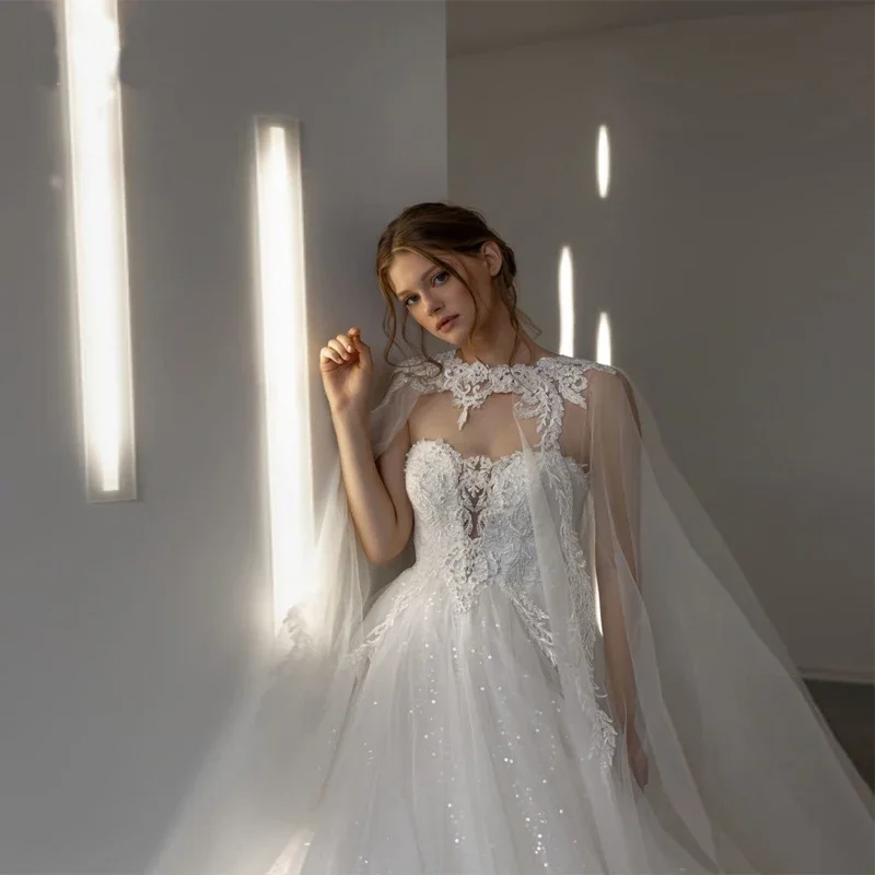 A Line Tulle Princess Appliques Wedding Dress for Woman Strapless Sweetheart Lace Up Back Cloak Bridal Gown Robe De Mariee