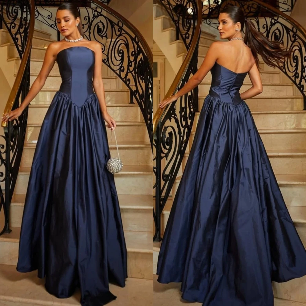 Customized Exquisite Blue Satin Strapless Vestido De Festa Sleeveless A-Line Bespoke Occasion Gowns Floor Length Evening Dresses