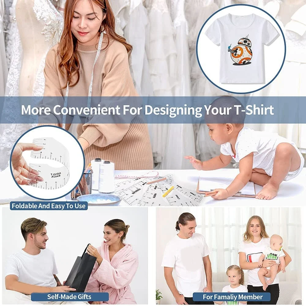 9 buah alat Penyelaras kaus, penggaris panduan kaus untuk merancang pakaian, penggaris kaus PVC belakang dan depan selaras