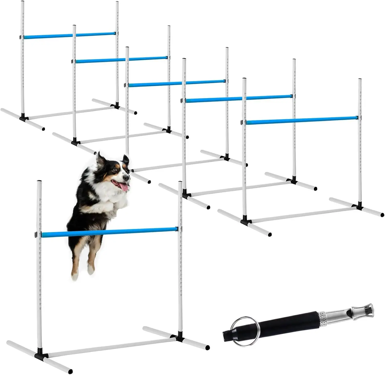 

6 Pcs Dog Agility Jumps Hurdles Adjustable with Bag and Whistle Indoor Outdoor Blue White