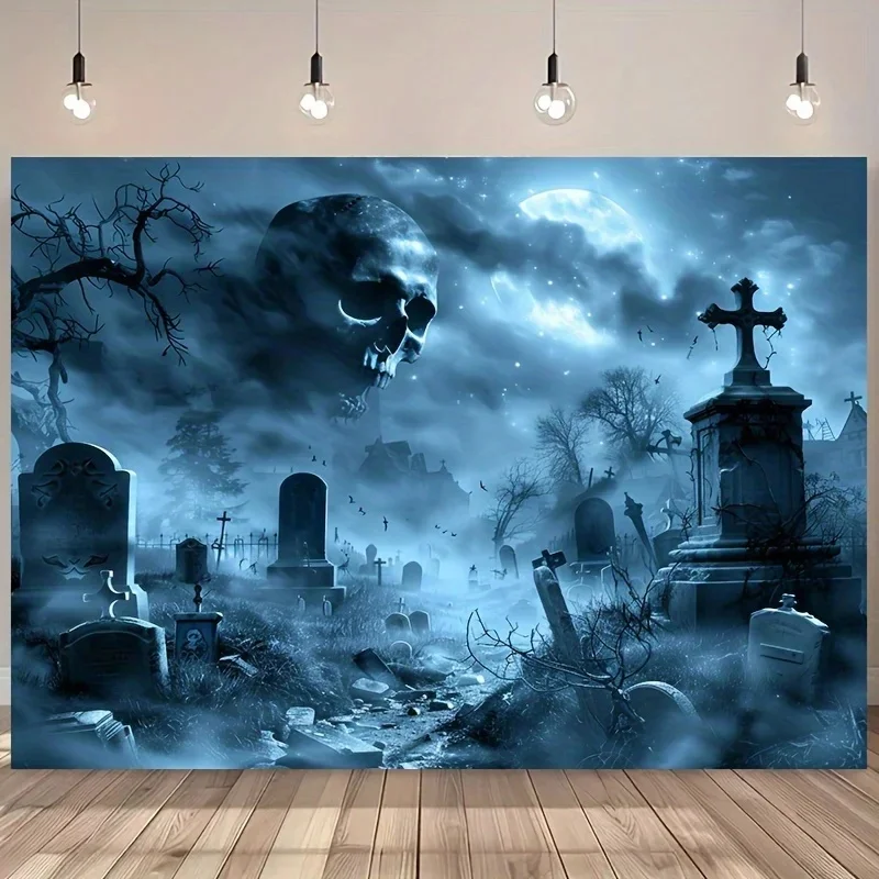 VIKAMA Spooky Graveyard Wall Tapestry, Foggy Tombstone Skull Print Wall Hanging, Horror Halloween Fabric Backdrop Home Decor