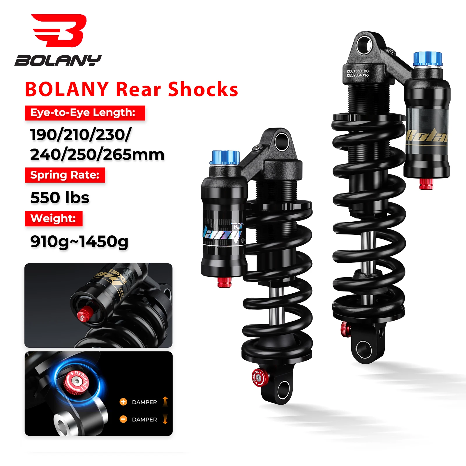 BOLANY Mountain Bike Rear Absorber 550lbs Spring Suspension Motorcycle Shock DH MTB Bicycle Rear Shock 190/210/230/240/250/265mm