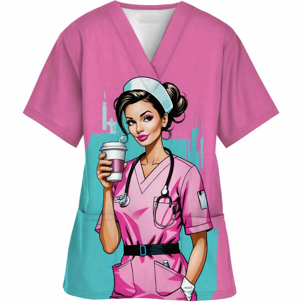 T-shirt Obstetric nurse pediatric nurse Uniform Top V-Neck Female Veterinary Nurse Uniform Shirt Pet Grooming Veterinary Overall