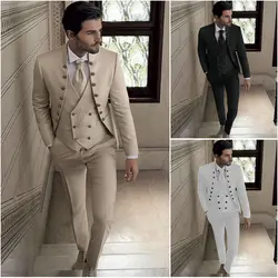 SZMANLIZI 2024 Terno Slim Fit Custom Made Groomsmen Beige Wedding Suits For Men Groom Tuxedos 3 Piece Stand Collar Mens Suits