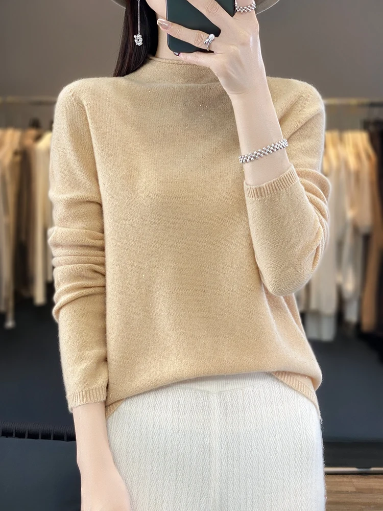 Addonee New Chic Women Sweater Autumn Winter Mock Neck Pullover 1000% Merino Wool Soft Cashmere Knitwear Grace Female Clothing