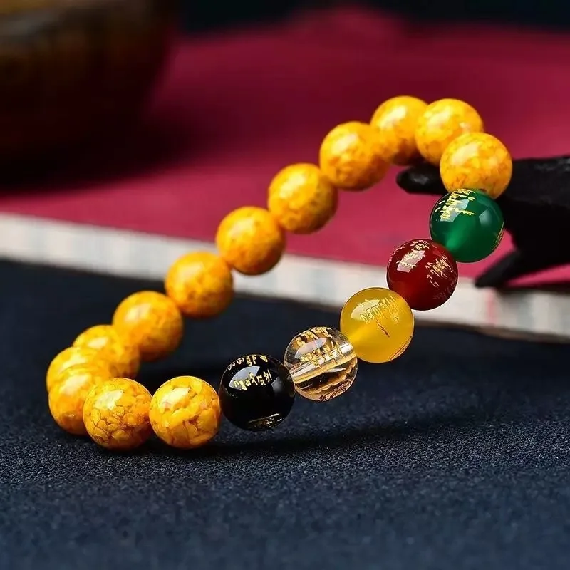 

Браслет-ожерелье из кристаллического песка реальгар с киноварью и изображением Пяти Богов Богатства, ожерелье-цепочка из киновари и реальгар для мамы