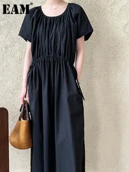 [EAM] Women Yellow Pleated Drawstring Big Size Long Dress New Round Neck Short Sleeve Fashion Tide Spring Summer 2024 1DH6218