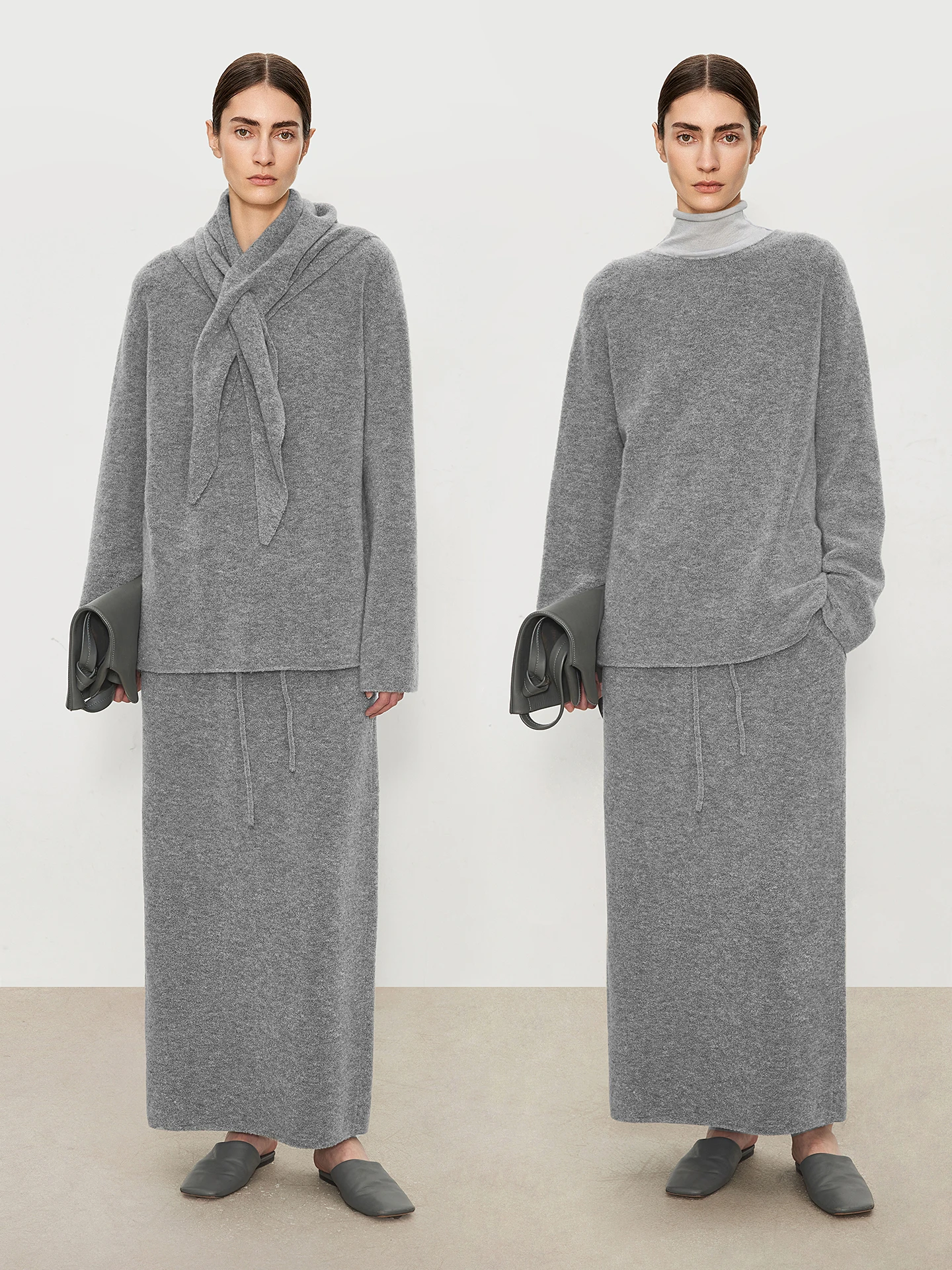 

CHICJOC Cloud Soft Camere Wool Sweater Boat Ne Elastic Waist Skirt Triangular Scarf Women's Knittedwear Daily Wear