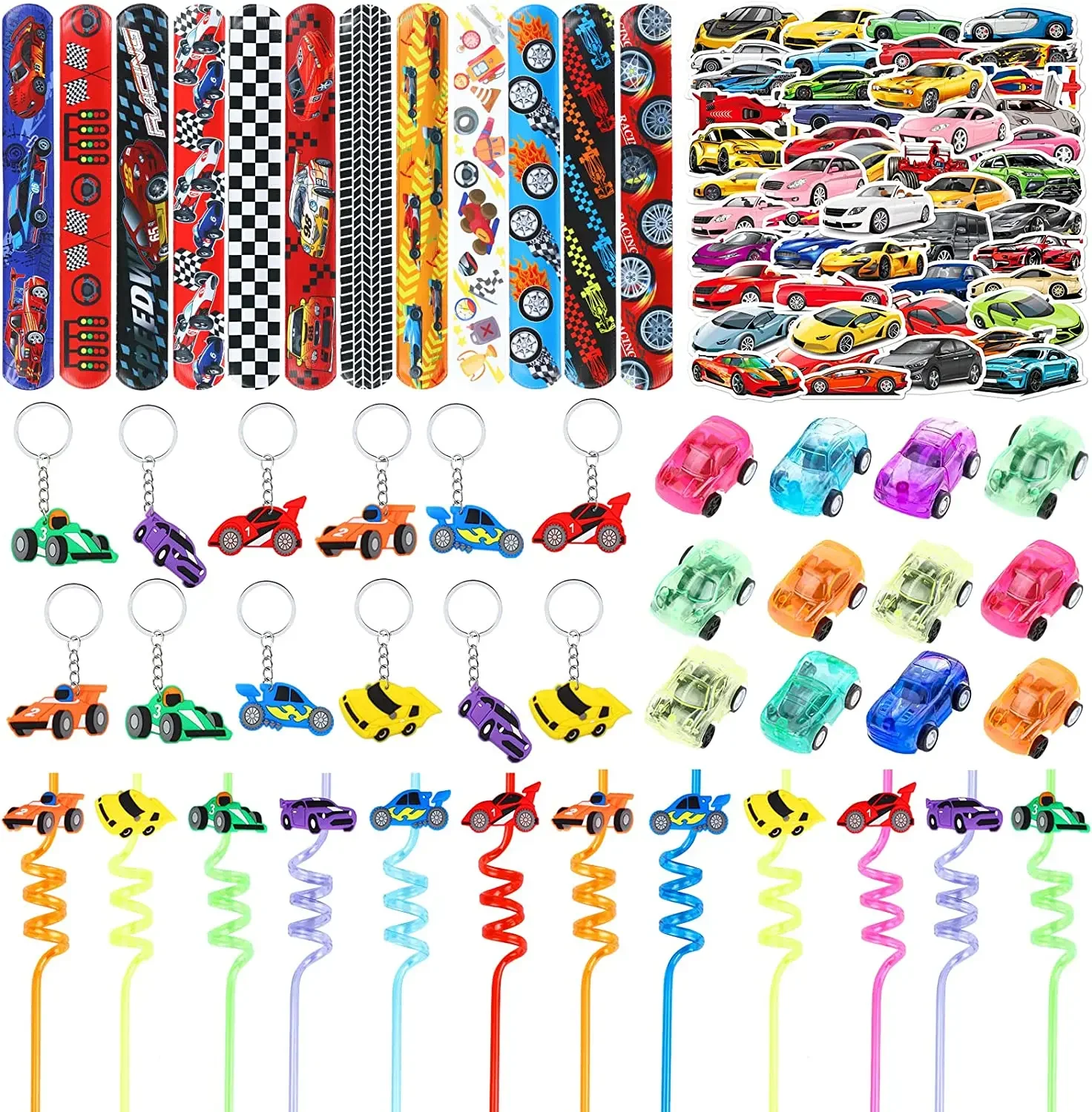 

12 Pack Race Car Birthday Party Favors Set for Boys Kids Keychains Straws Slap Bracelets Stickers Treat Gift Goodie Bag Supplies