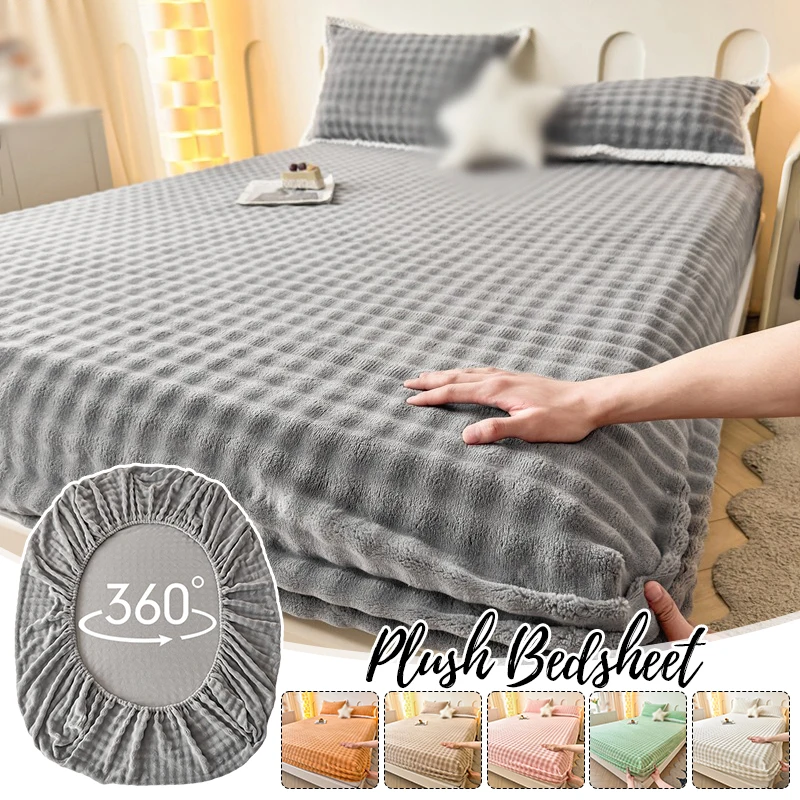

Winter Warm Rabbit Plush Fitted Sheet Elastic Mattress Protector Cover Fluffy Coral Fleece Thermal Thick Bedsheet New