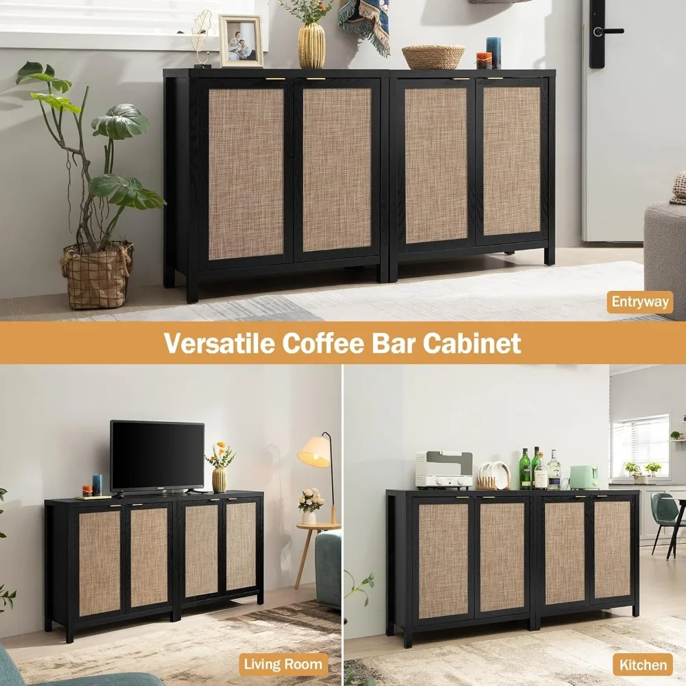 Sicotas Dressoir Buffet Opbergkast-Boho Rotan Credenza Keuken Koffiebar Kast Met Rotan Versierde Drank