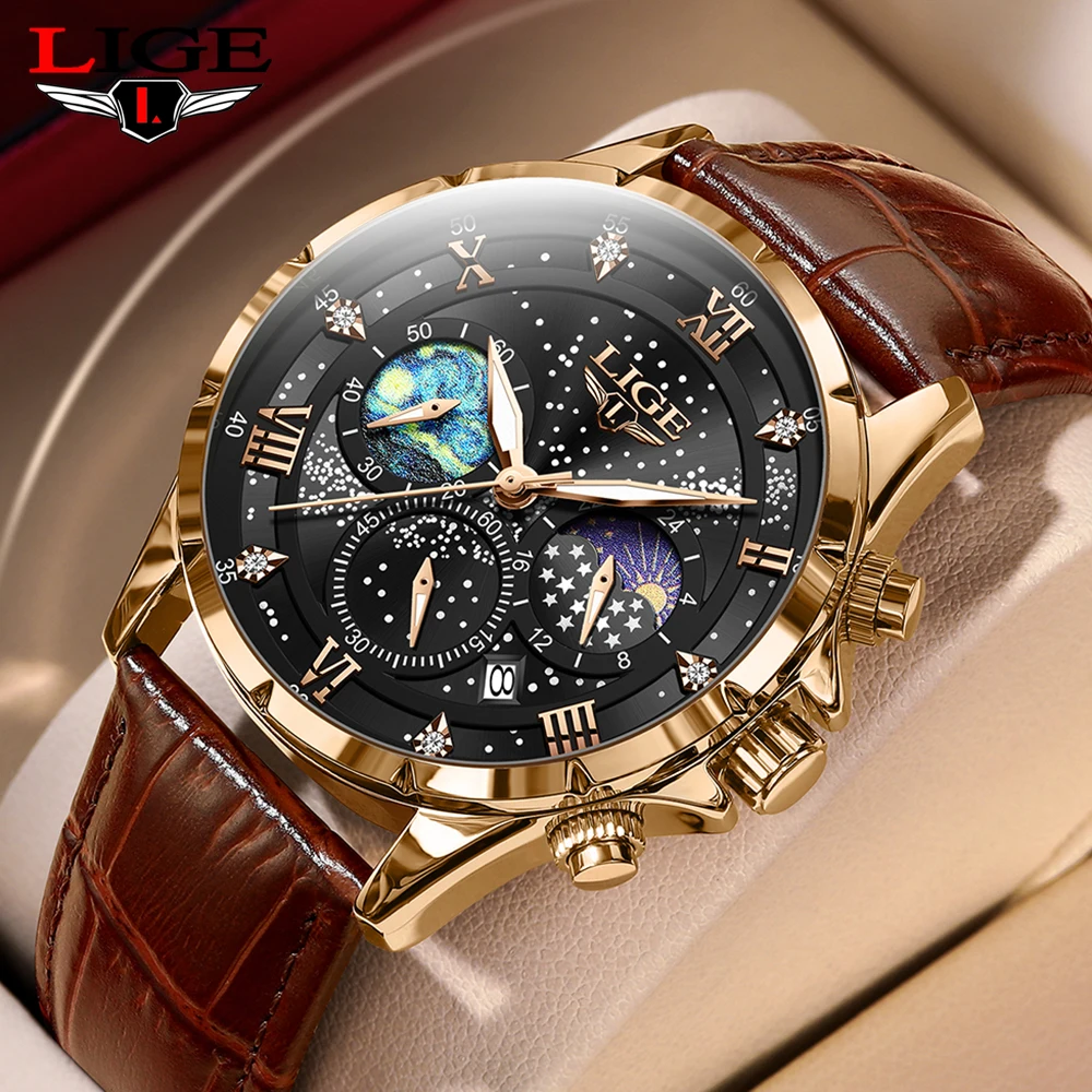 2023 New Mens Watches LIGE Top Brand Luxury Leather Casual Quartz Watch Men\'s Sport Waterproof Clock Watch Relogio Masculino+Box