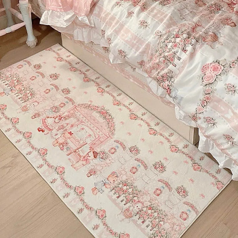 

New Cute Cartoon Style Plush Bedside Carpet Bedroom Little Bear Pattern Floor Mat Creativity Pink Mat Flower Cashmere Carpet