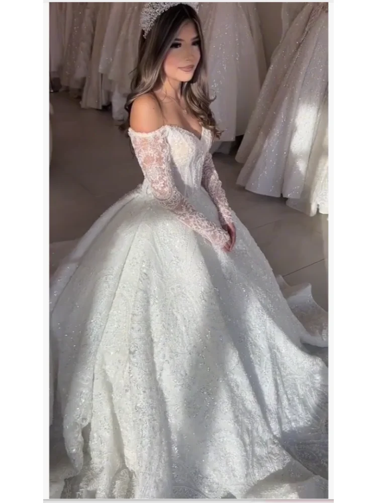 Elegant Sweetheart Princess Wedding Dress Long Sleeve Off Shoulder Satin Lace Stickers Pearl Glitter Vestido De Novia Custom