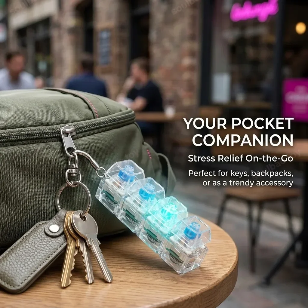 

LED Light Up Keyboard Key Keychain Clickable Button for Stress Relief Portable Sensory Clicker Backpack Charm Accessories