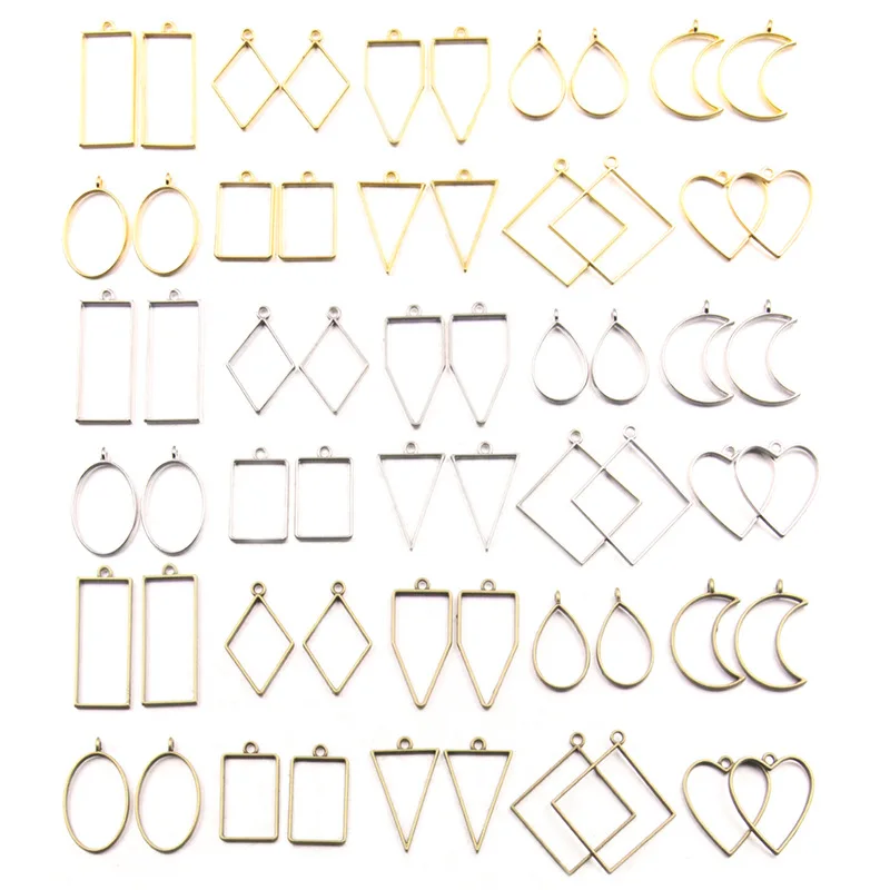 30pcs Metal Geometric Hollow Frame Pendant Charm UV Epoxy Resin Craft Bezel For DIY Jewelry Making Accessories