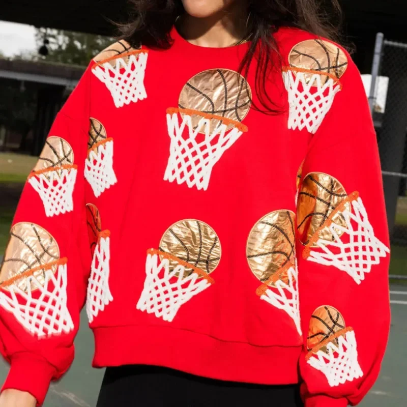 Sequin Basketball Sweater For Women Casual Loose Fitting O-Neck Long Sleeve 3D Print Office Lady Style 2024 Pullover Sport Shirt