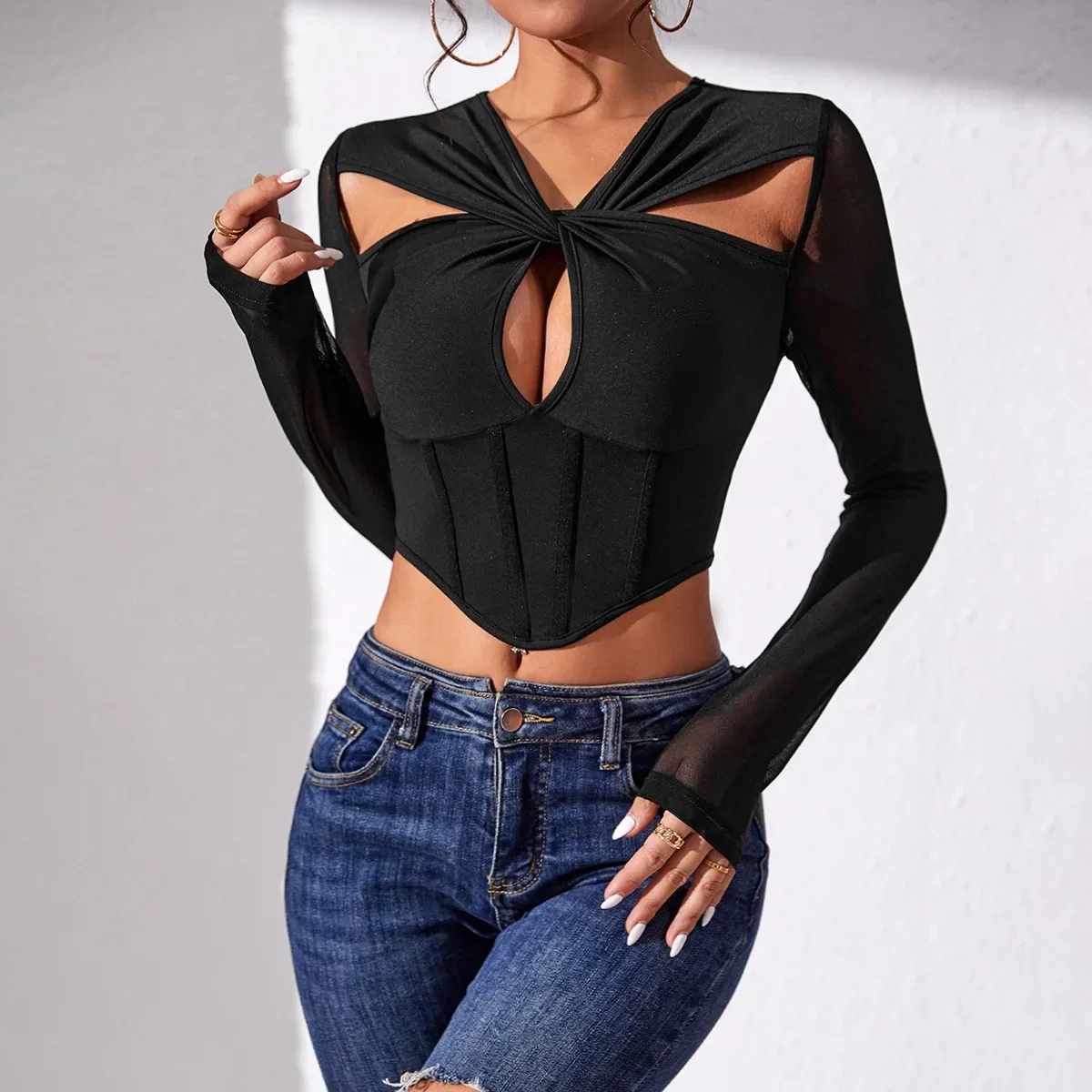 Hot selling spicy girl sexy perspective splicing t-shirt fish bone waist long sleeved top for women aesthetic clothes CYDZ9636