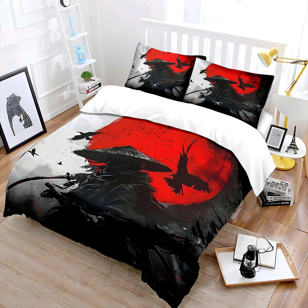 Japan Samurai and Red Sun Silhouette Print Bedding Set 1 Duvet Cover 2 Pillowcases for Adult and Children Luxury Gift Full Size