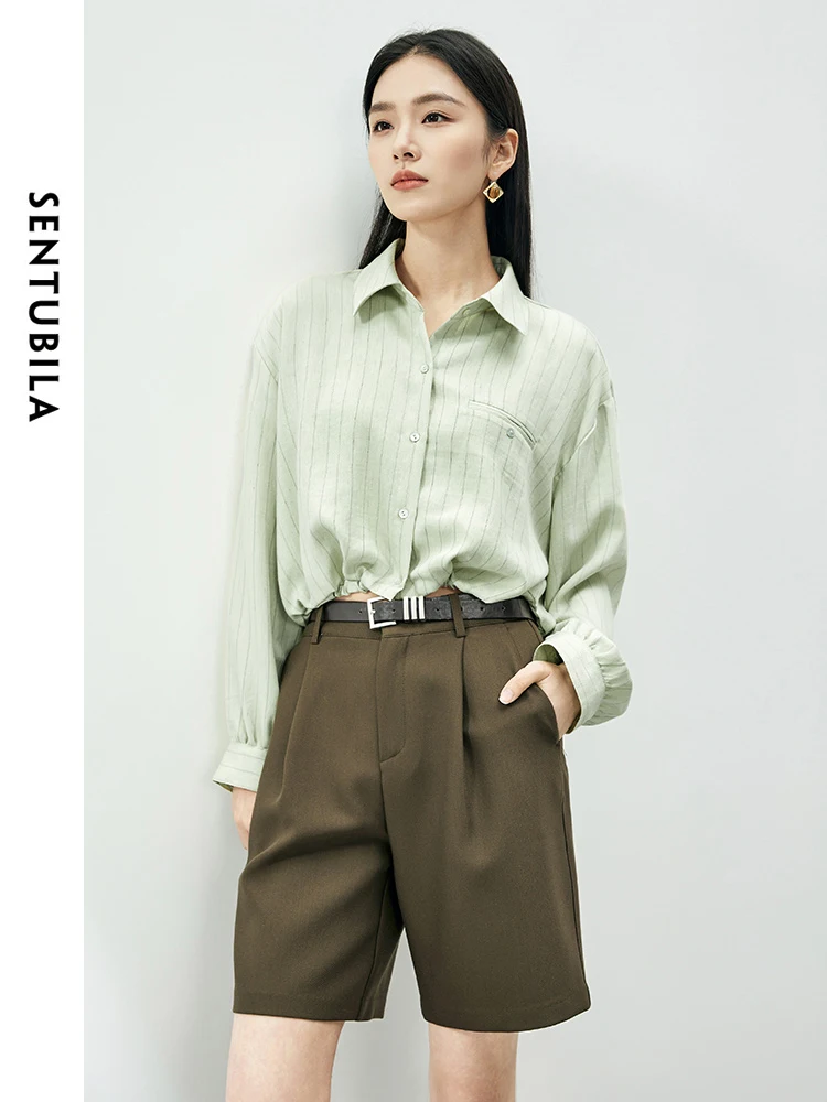 SENTUBILA 2 Piece Wraps Striped Linen Shirts for Women 2024 Autumn Fashion Long Sleeve Top Button Down Shirts Blouses 141C53495