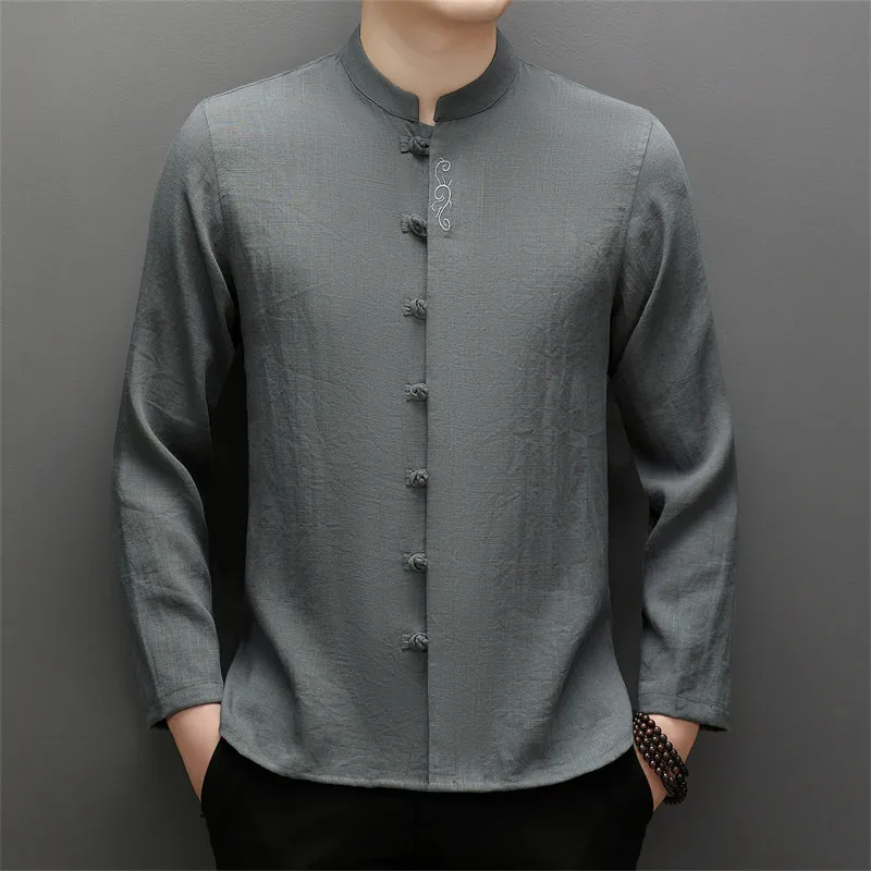 Viscose&Plyamide Frog Button Shirts For Men Long Sleeve Casual Autumn Quality Embroidery Tang Costume Softness Camisas De Hombre