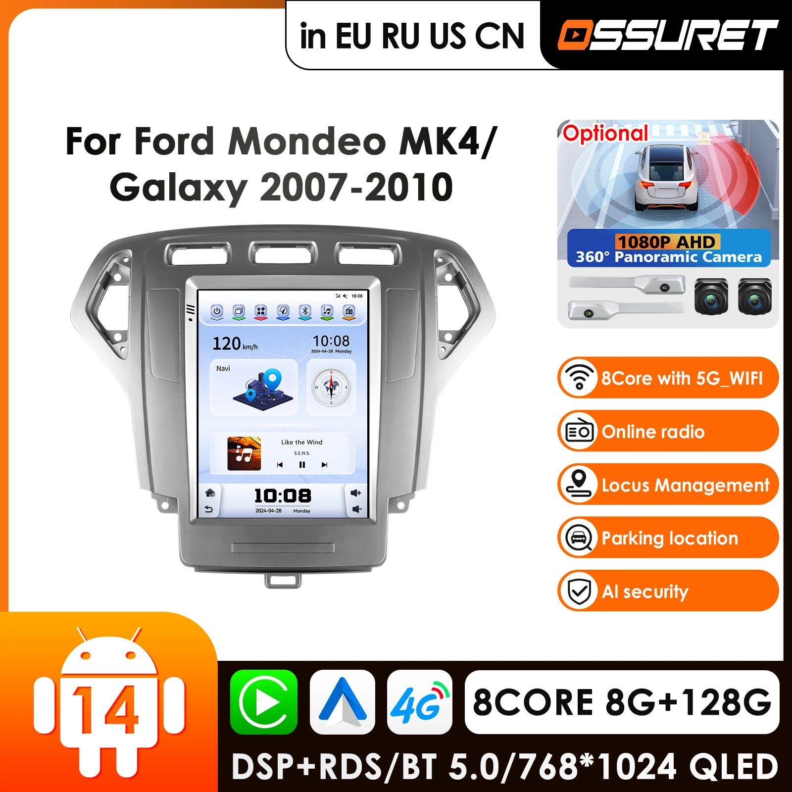 

OSSURET 360 Camera For Ford Mondeo MK4 2007-2014 Android 14 Car Radio Multimedia Player Navigation GPS Stereo 4G Carplay Screen