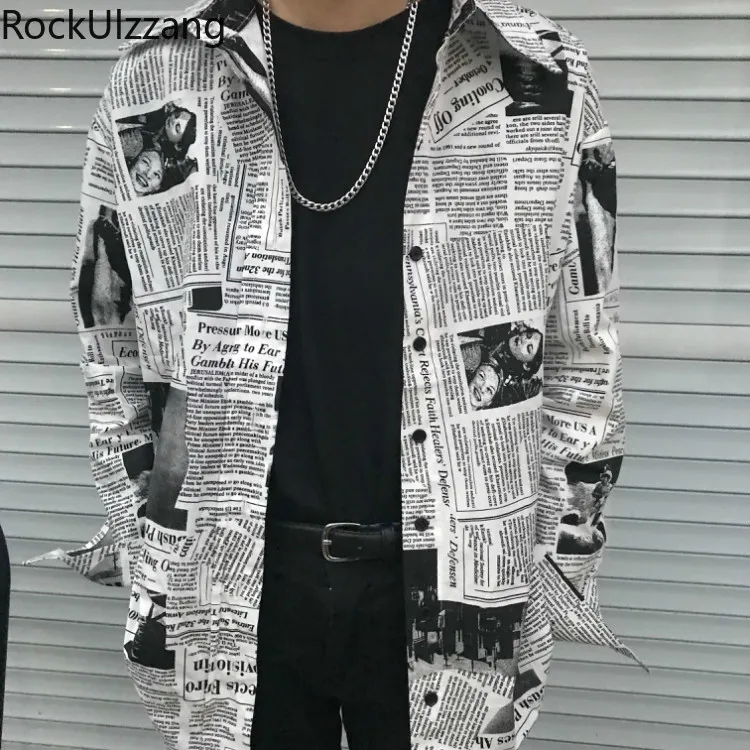 Three Quarter Sleeve Turn Collar Graffiti Newspaper Blouse Button Shirt Punk Hip Hop Streetwear Harajuku Plaid Top Japanese Men