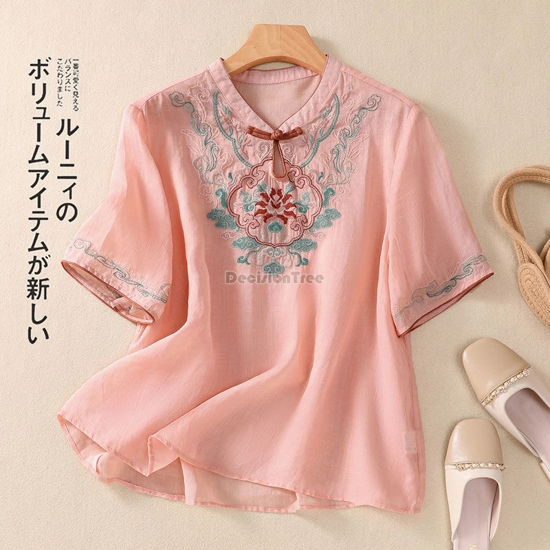 2024 new chinese style improved qipao top exquisite embroidery tea art top hollow out short sleeved button cotton linen blouse