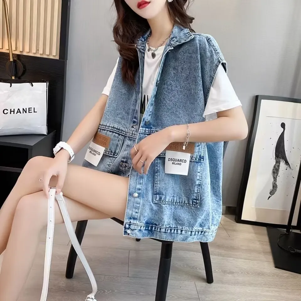 New Women's Denim Vest 2024 Fashion Female Spring Autumn Jeans Jacket Sleeveless Loose Short Coat Summer Streetwear Denim Vest