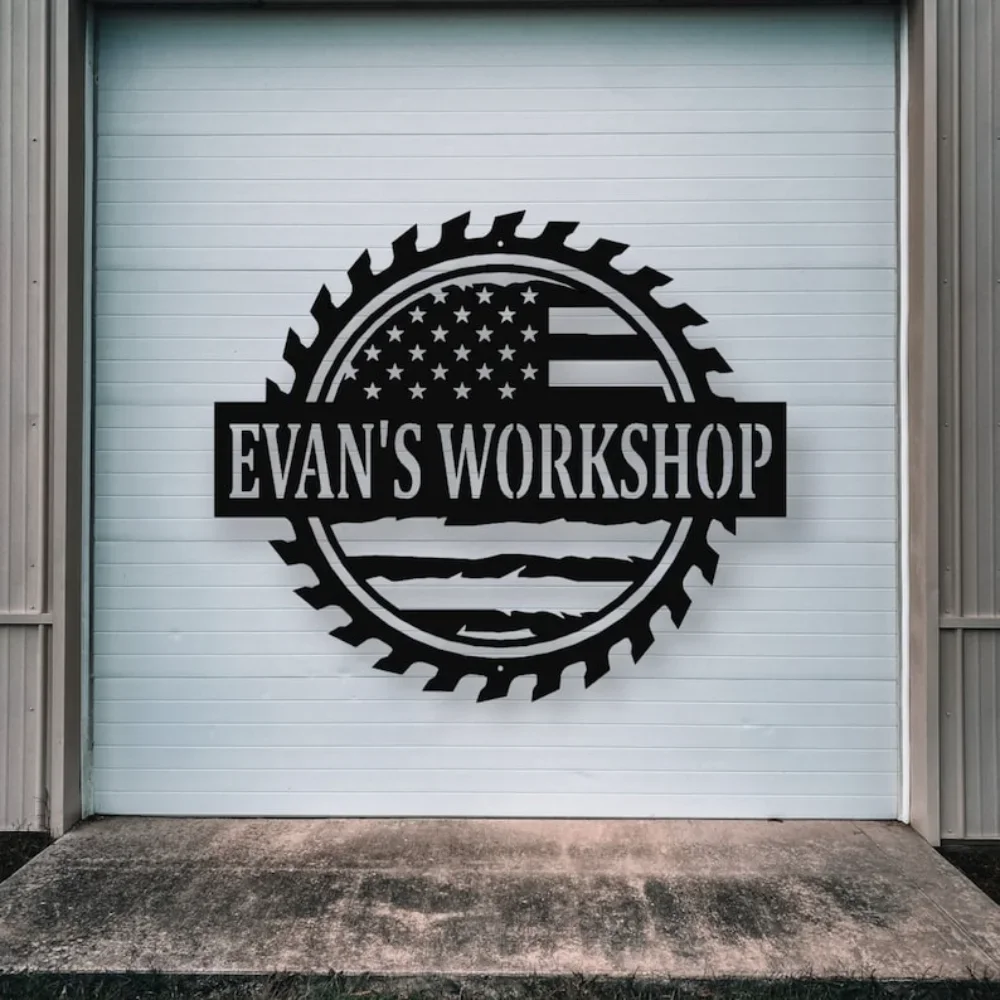 Custom American Flag Workshop Sign Metal Shop Sign with Free Sawblade for Garage Art Room Decoration garden decorationsc